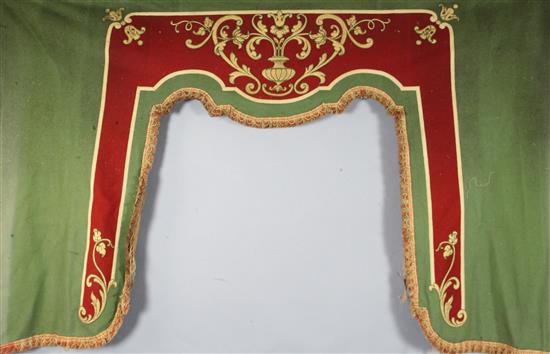 A pair of French green and red baize window lambrequins, late 19th century, width 5ft 3.5in.